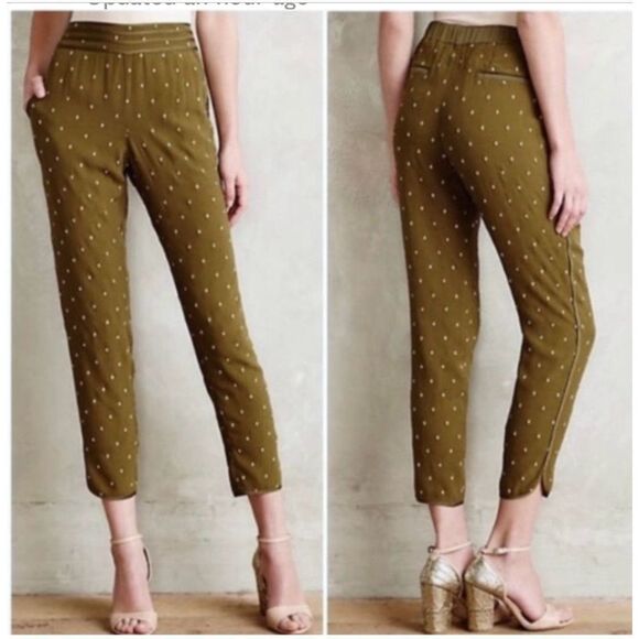 Anthropologie Sz 8 Elevenses Cropped Lightweight Pants Olive Green Gold Diamond - Picture 1 of 4